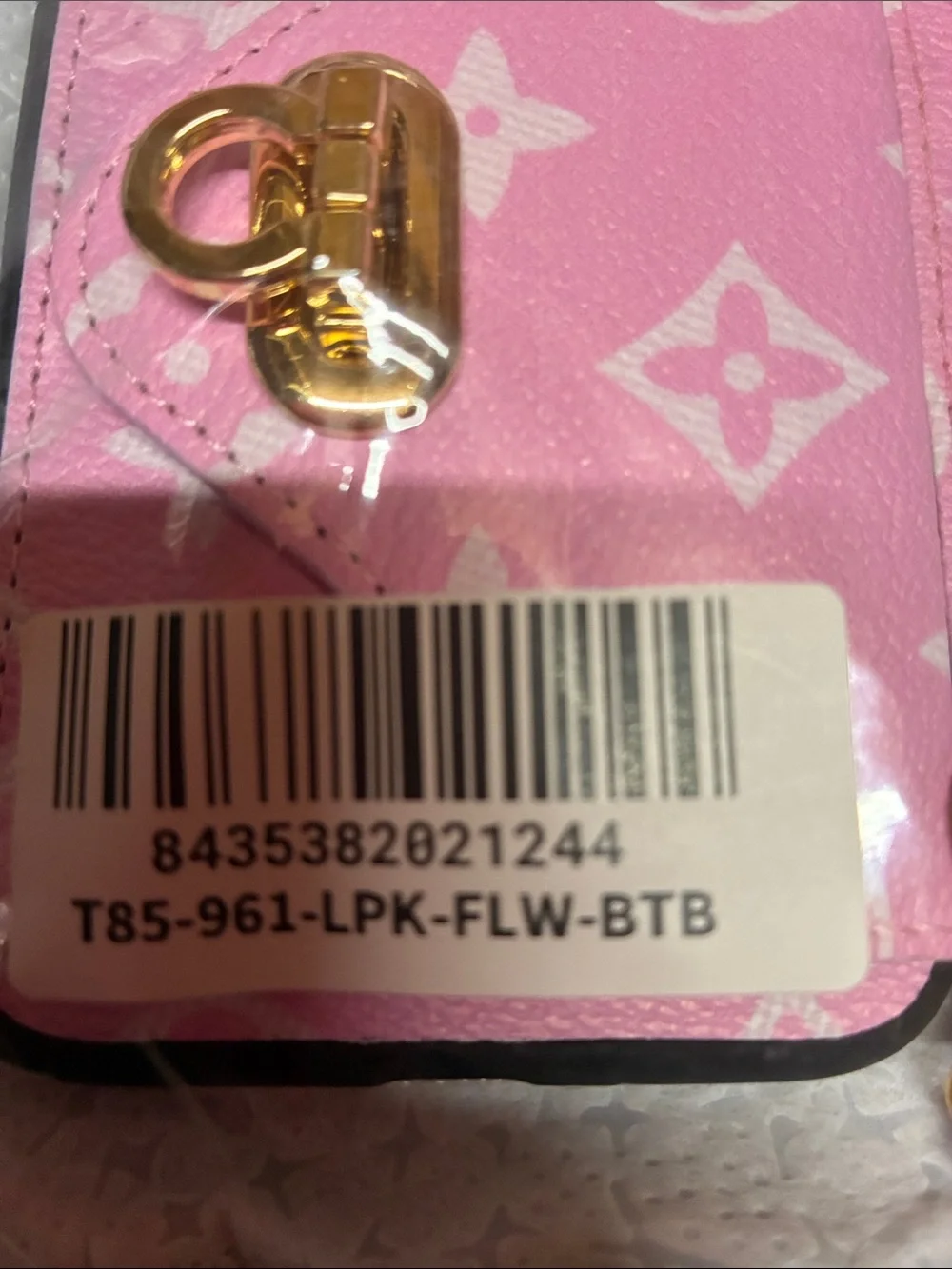 iPhone XR Pink Designer-Style Phone Case with Gold Hardware and Wrist Strap